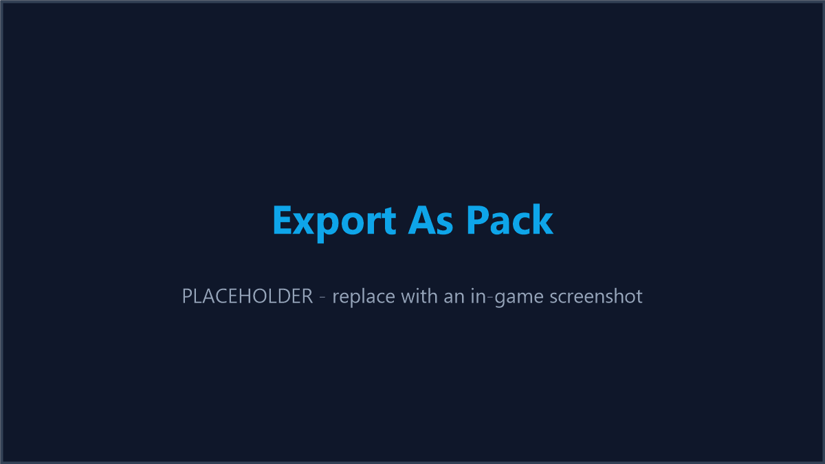 The in-game Export as Pack tool/dialog, showing the generated manifest and content-type summary.
