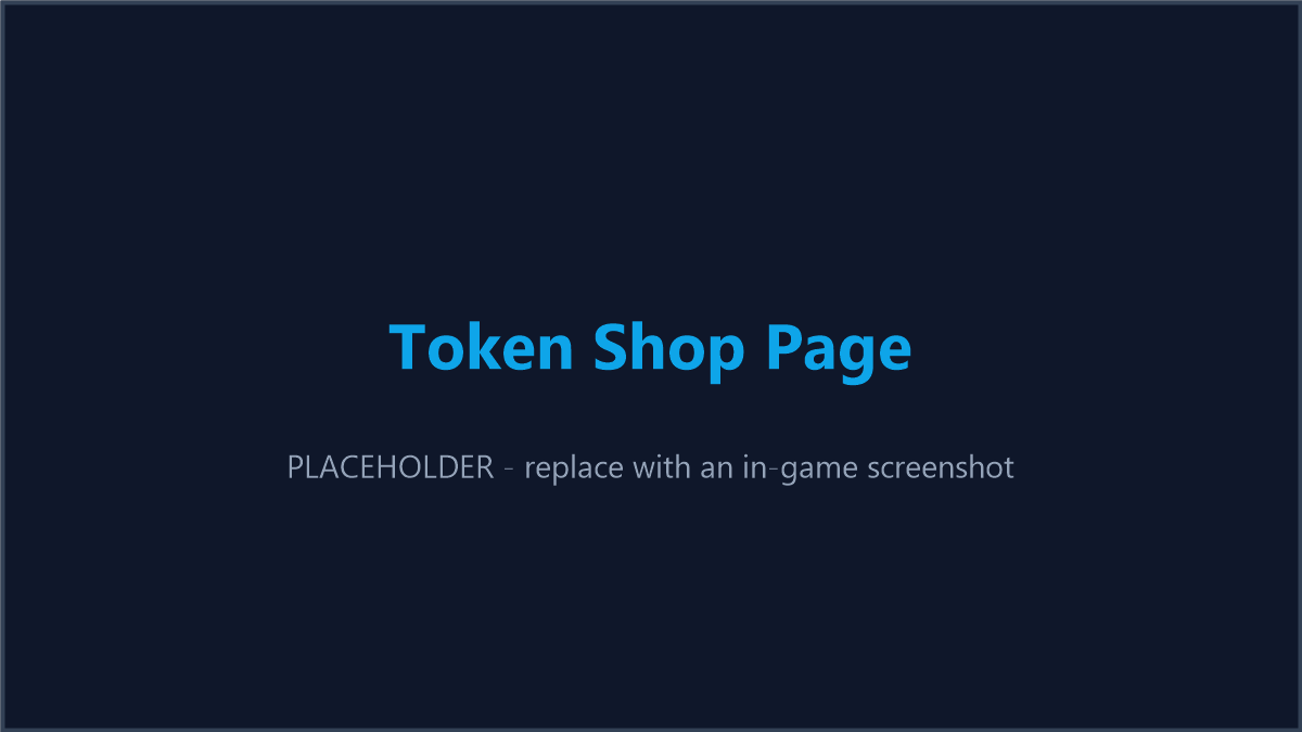 The two-panel Token Shop page: the category-grouped catalog on the left, and the detail panel with cost/reward/Buy on the right.